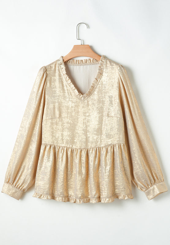 Metallic gold peplum blouse with ruffled V-neck and gathered sleeves.
