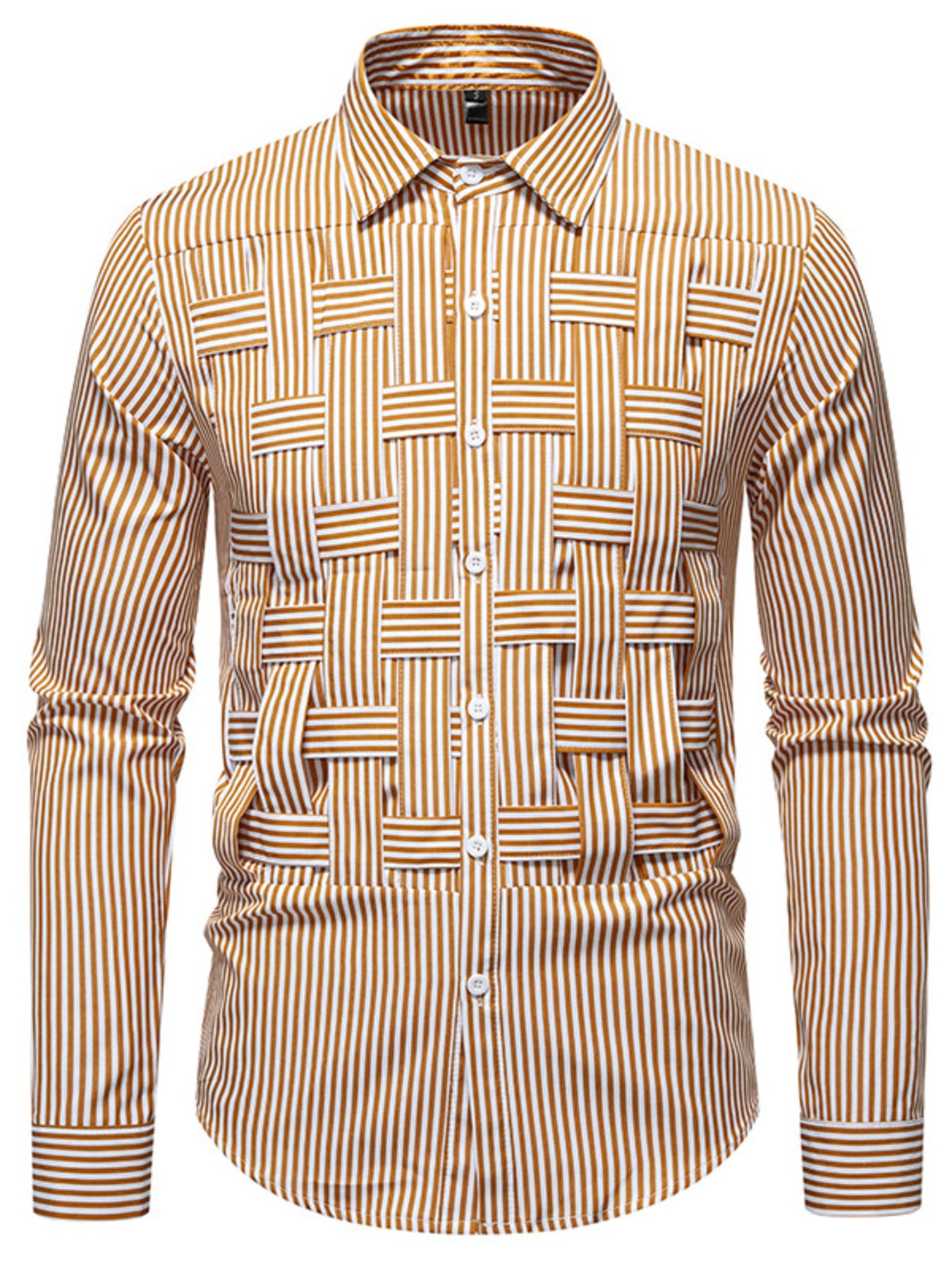 Men's brown and white striped woven long sleeve button-down shirt