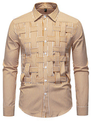 Men's brown and white striped woven long sleeve button-down shirt