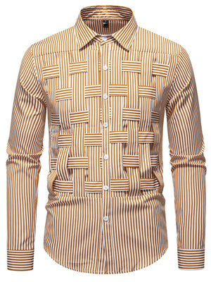 Men's brown and white striped woven long sleeve button-down shirt