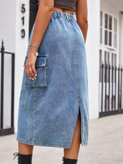 Light wash denim midi skirt with cargo pocket and side slit