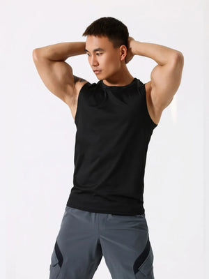 Black performance sleeveless crew neck tank top with breathable fabric.