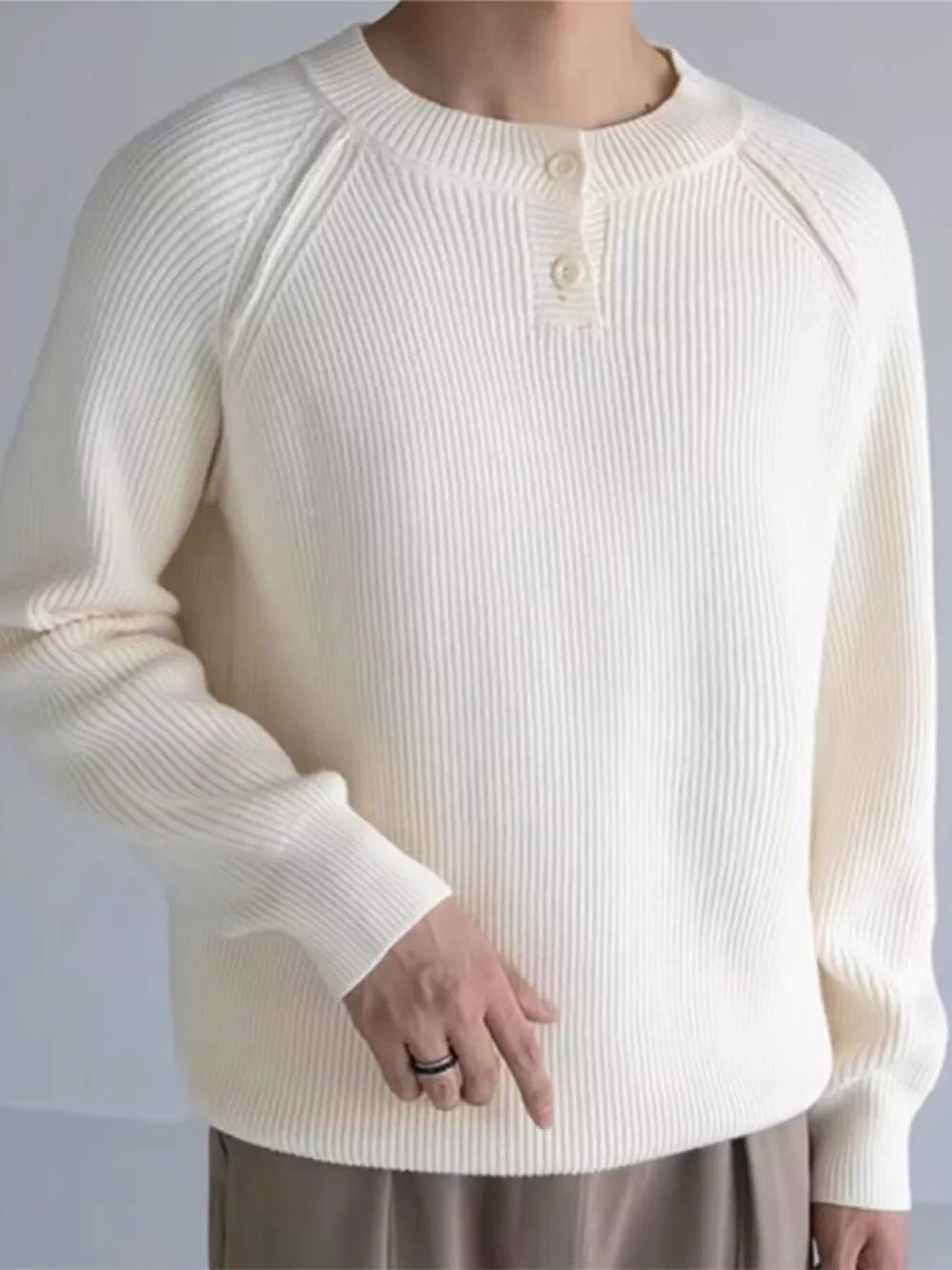 Men's Plus Size Ribbed Raglan Sleeve Knit Top in Black, front view