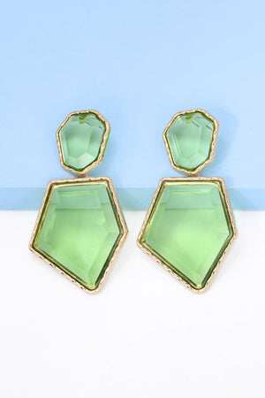 Neon green resin facet drop earrings with gold trim.