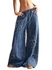 Distressed Floral Appliqué Wide-leg Jeans