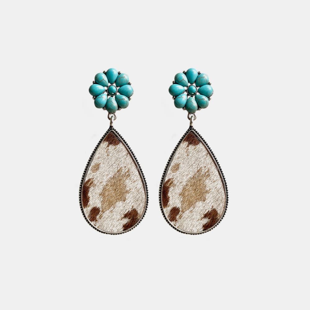 Turquoise petal & hide teardrop earrings with alloy trim