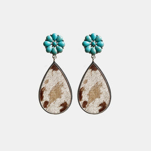Turquoise petal & hide teardrop earrings with alloy trim