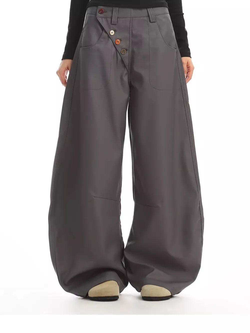 Gray relaxed fit wide-leg chinos with decorative button-fly detail