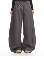 Gray relaxed fit wide-leg chinos with decorative button-fly detail