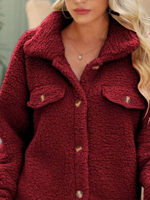 Wine teddy shacket with button front and chest pockets