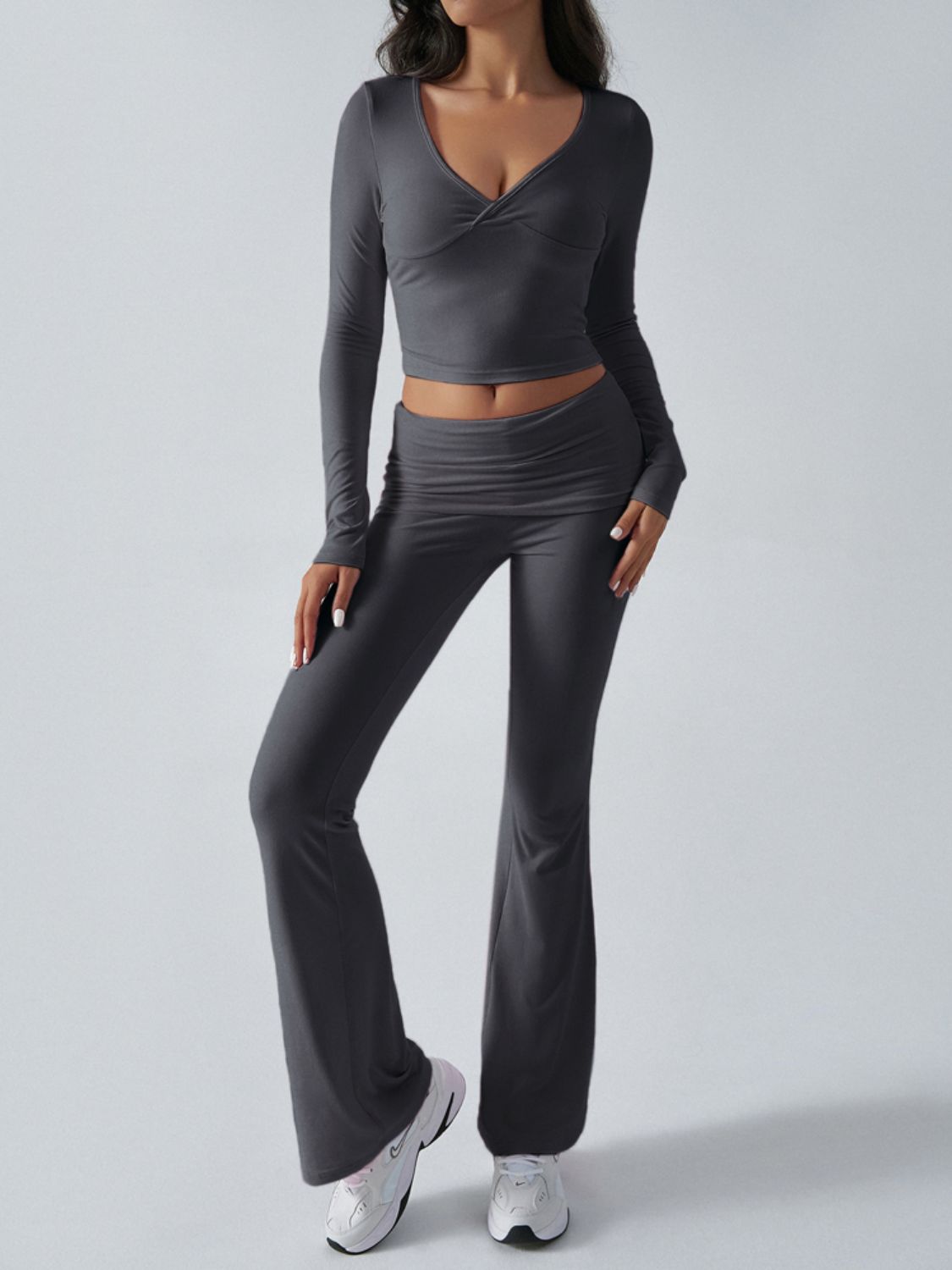 Dark Gray cross-front crop top and flare lounge pants set with a v-neckline.
