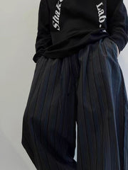 Men's wide leg sweatpants in dark blue with subtle pinstripes and pockets.