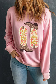 Blush pink crewneck sweatshirt with a floral boot graphic.