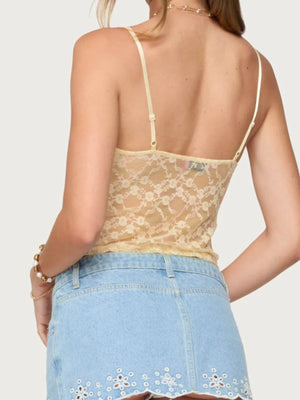 Sheer floral lace cami with adjustable straps in pastel yellow.