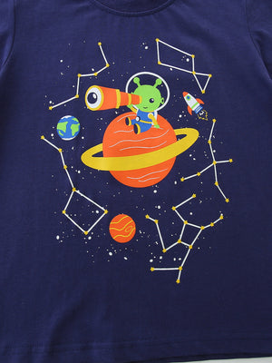 Navy 100% cotton t-shirt with a cosmic adventure graphic featuring an alien, planets, rocket, and constellations.