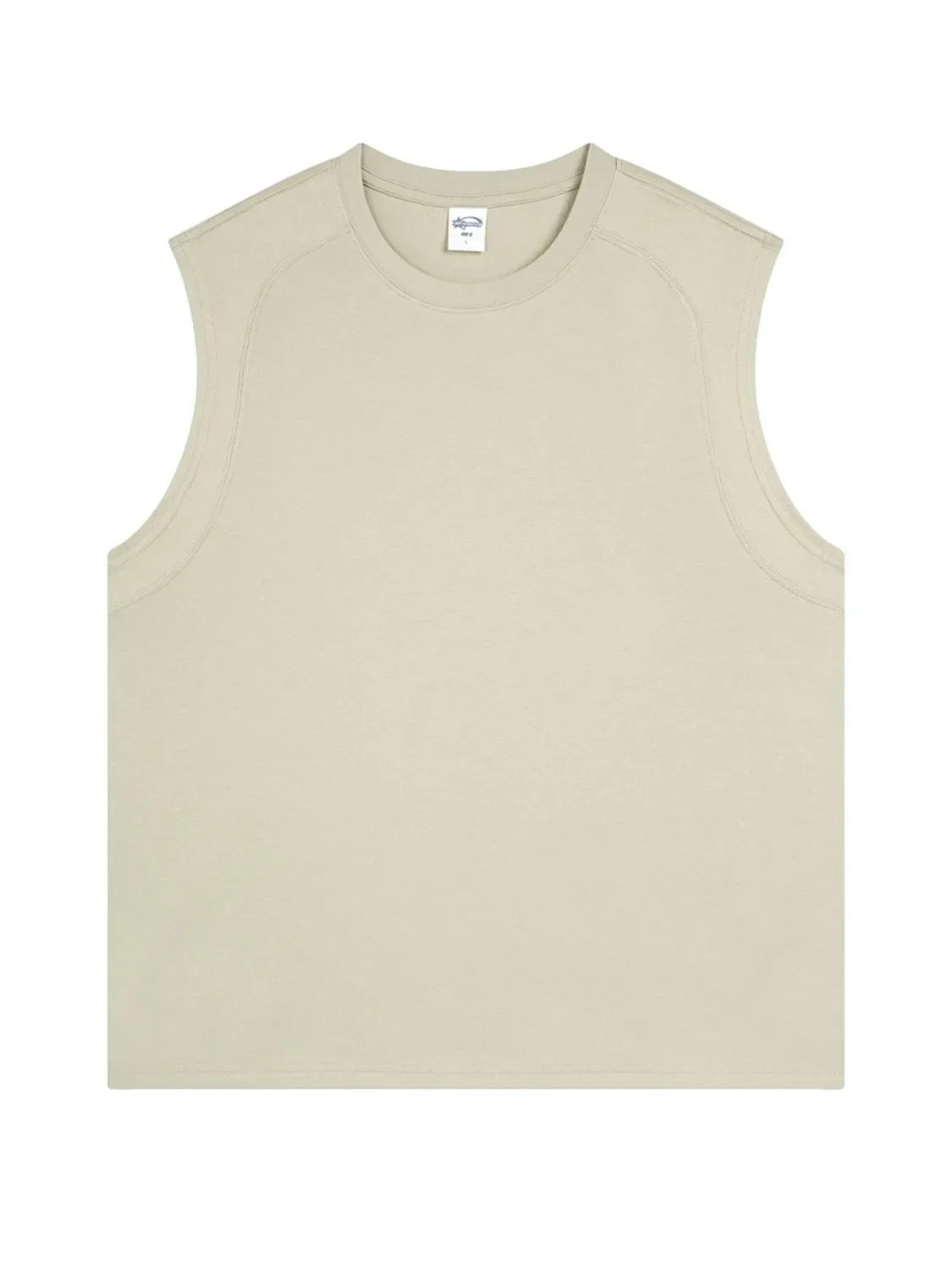 Sleeveless beige tank top with shoulder seam detail and crew neck.