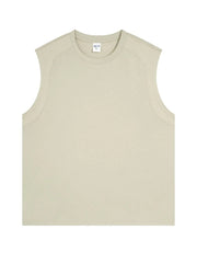 Sleeveless beige tank top with shoulder seam detail and crew neck.