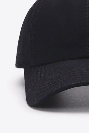 Black canvas baseball cap with stitched details on the brim.