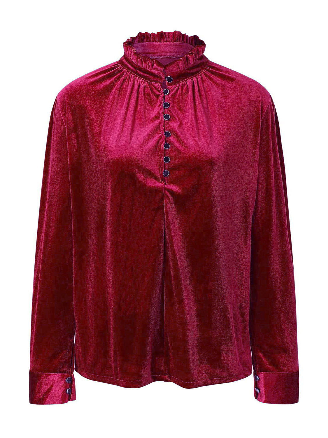 Burgundy velvet blouse with ruffled mandarin collar, button front, and buttoned cuffs.