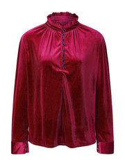 Burgundy velvet blouse with ruffled mandarin collar, button front, and buttoned cuffs.