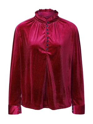 Burgundy velvet blouse with ruffled mandarin collar, button front, and buttoned cuffs.