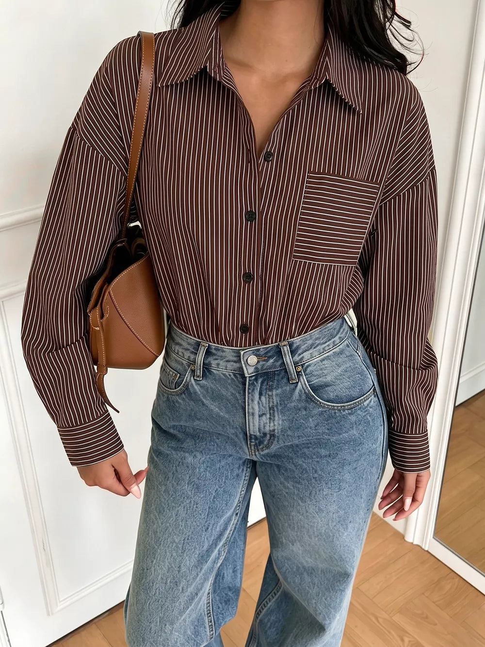 Striped Button-up Bodysuit in Brown, side view