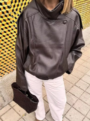 Zip-up Faux Leather Moto Jacket in Brown, view 11