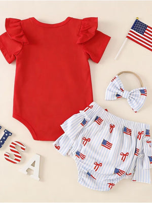 Red ruffled sleeve bodysuit and striped flag print bloomers with bow headband.