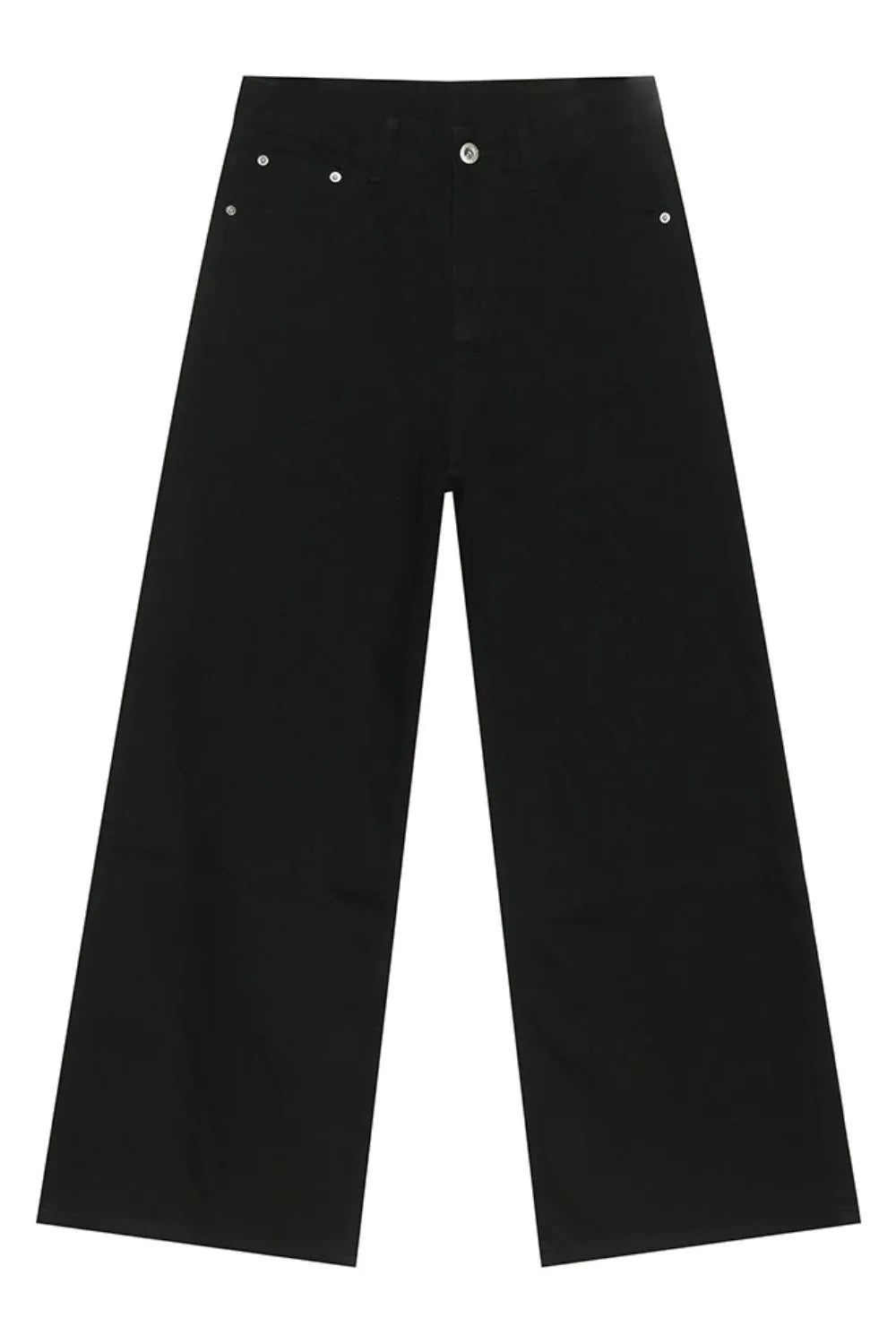 Black balloon leg jeans with a wide, straight cut and silver button details.