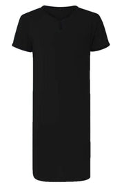 Black short sleeve sleep shirt dress with henley neckline and contrast trim