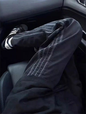 Men's Plus Size Casual Striped Wide-leg Pants in Black, fabric detail