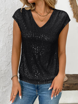 Black sequined cap-sleeve V-neck blouse with vertical stripe pattern.