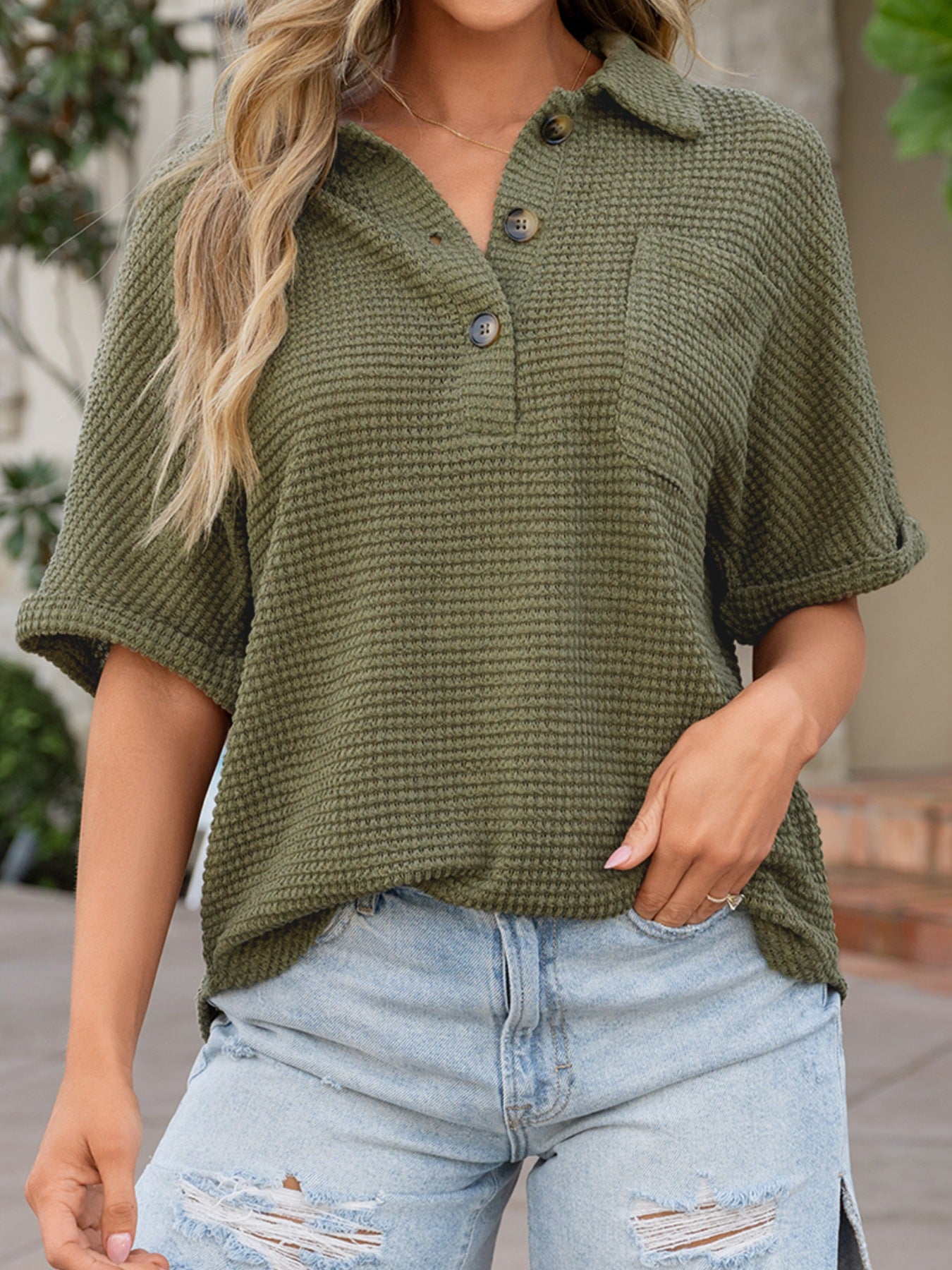 Moss waffle-knit collared shirt with button detail and chest pocket