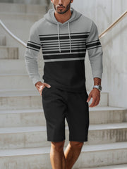 Men's grey and black striped textured hoodie and shorts set with drawstring.
