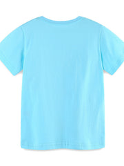 Toddler blue short sleeve t-shirt with crew neck and simple hem.