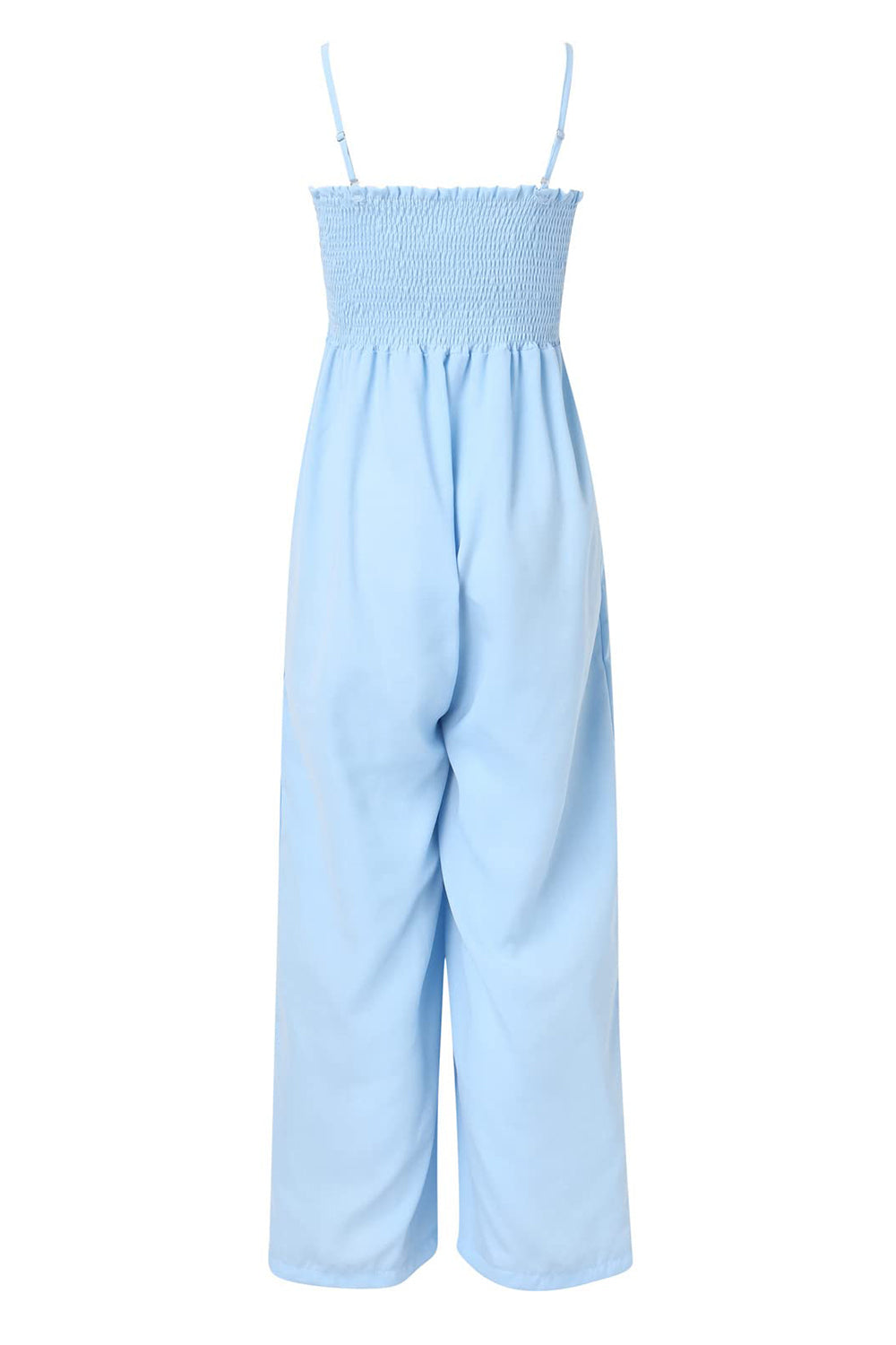 Light blue smocked bodice palazzo jumpsuit with adjustable spaghetti straps and wide legs.