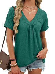 Ruched V-neck short sleeve t-shirt in blue-green with elastane for comfort.