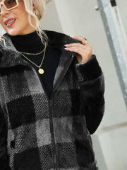 Charcoal plaid sherpa zip-up jacket with collared neckline.