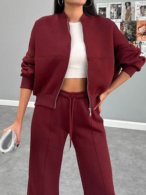 Burgundy zip-up bomber jacket and wide-leg sweatpants set with drawstring waist