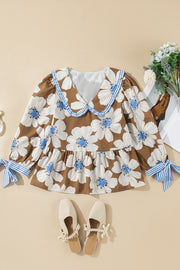 Brown floral print blouse with Peter Pan collar and tie-cuff sleeves
