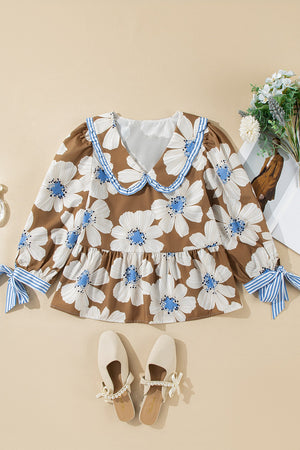 Brown floral print blouse with Peter Pan collar and tie-cuff sleeves