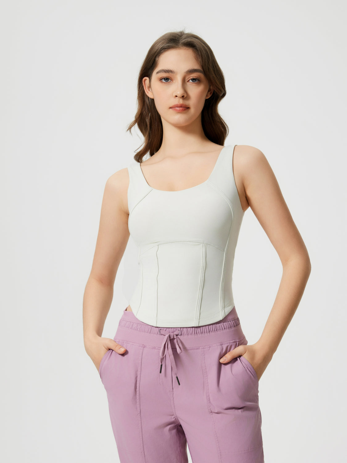 Light blue sculpted seam tank top with built-in support and square neckline.