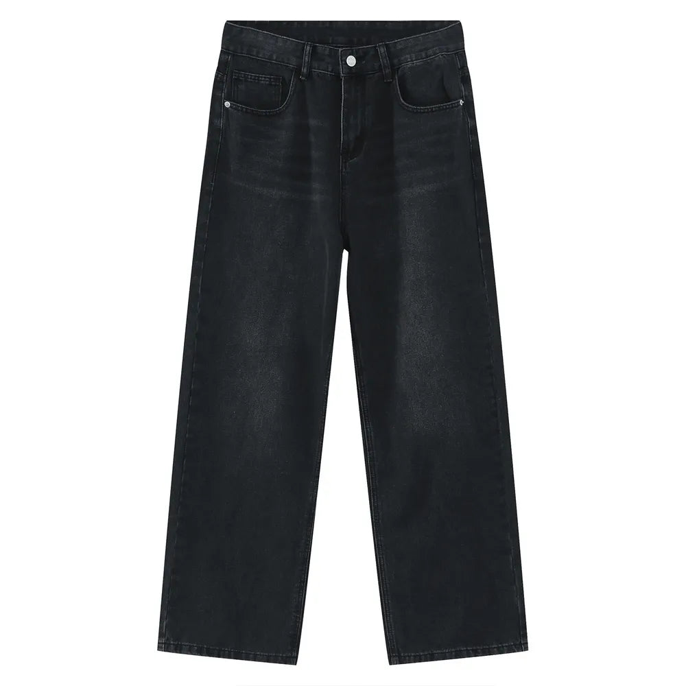 Black denim jeans with a relaxed fit and classic five-pocket styling.