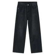 Black denim jeans with a relaxed fit and classic five-pocket styling.