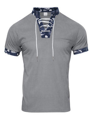 Grey men's t-shirt with lace-up collar and paisley print details on collar and sleeves.