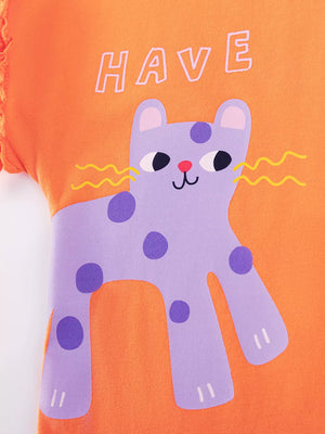 Orange cotton baby tee with playful purple cat graphic and text.