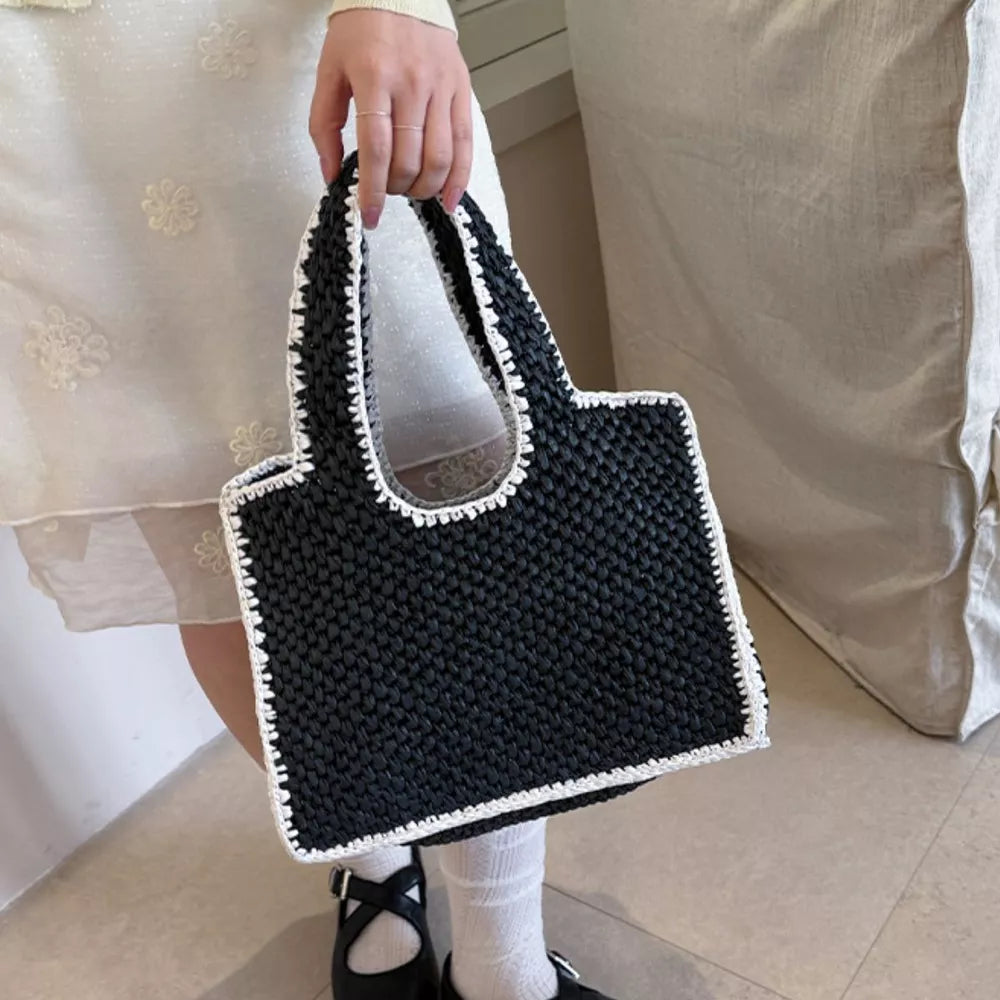 Woven Straw Handbag in Green, model styling view