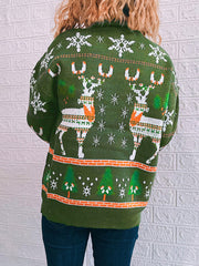 Green acrylic turtleneck sweater with intarsia reindeer, snowflakes, and trees pattern.