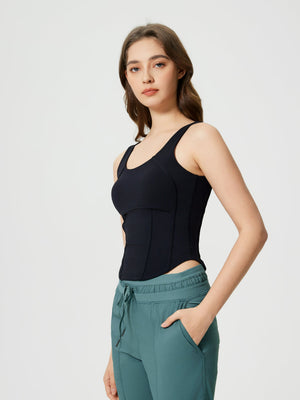 Black sculpted seam tank top with built-in support and scoop neckline.