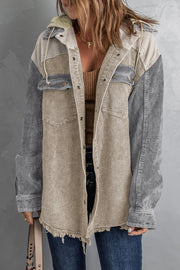 Colorblock corduroy hooded utility jacket with frayed hem and chest pockets.